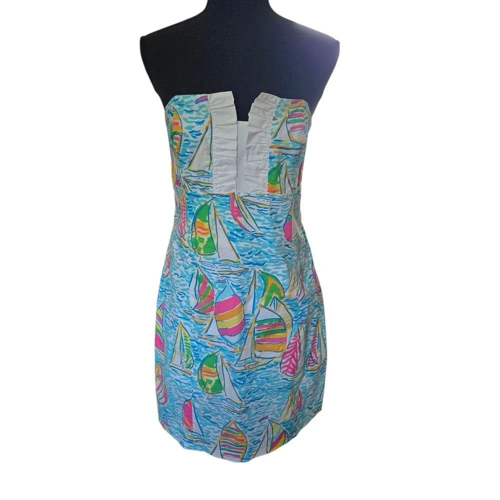Lilly Pulitzer Sailboat Print Strapless Dress Blue Pink Cotton Size 10 - Picture 3 of 11